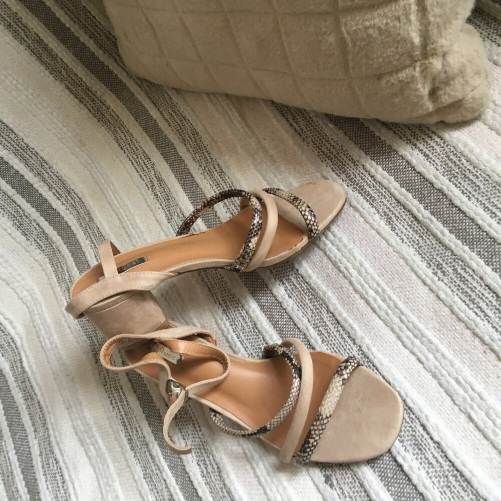 Beige Suede Block Heel Sandals with Snakeskin Straps
